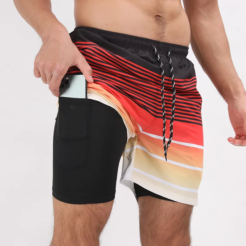 Men Swimwear Summer Gym Beach Shorts Male Quick Dry Sport Swimming Shorts Trunks Sexy Swimsuit 2 In 1 Man Board Shorts Beachwear