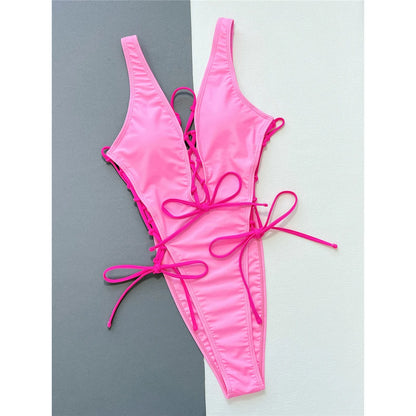 Deep V Neck Lace Up High Leg Cut Women Swimwear One Piece Swimsuit Female Wrap Around Monokini Bather Bathing Suit Swim