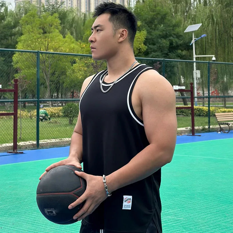 Men's Basketball Vest Clothing Oversized Sleeveless T-Shirt Sports Fitness Round Neck Tank Top Muscle Training Running Vest