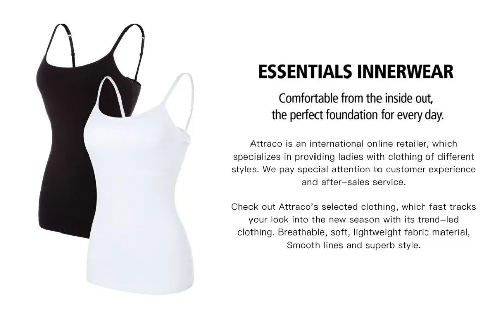 Attraco Women's Camisole 2PCS Cotton Solid with Build-in Shelf Bra Tank Tops U-Neck Soft Breathable Basic Sleepwear