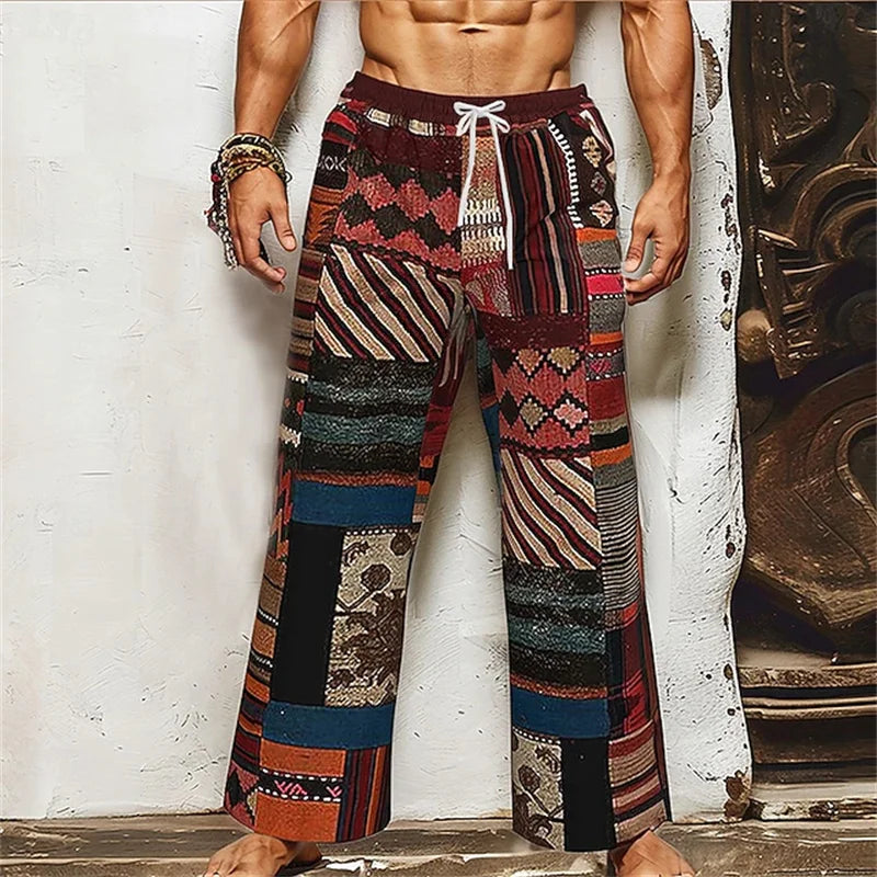 Men's Casual Patchwork Print Drawstring Straight-Leg Pants Relaxed Fit Hawaiian Vacation Trousers Comfortable And Breathable