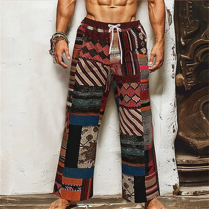 Men's Casual Patchwork Print Drawstring Straight-Leg Pants Relaxed Fit Hawaiian Vacation Trousers Comfortable And Breathable