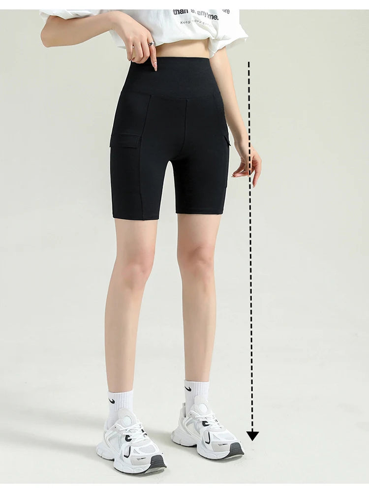 BIVIGAOS Summer New Cargo Pocket Shark Shorts Women's Sport Fitness Cycling Shorts High Waist Running Tight Biker Short Leggings
