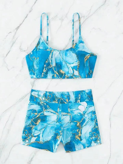 Two Pieces Marble Print Swimwear Women High Waist Swimsuit Summer Beach Wear Female Bathers Bathing Swimming Sport Suit
