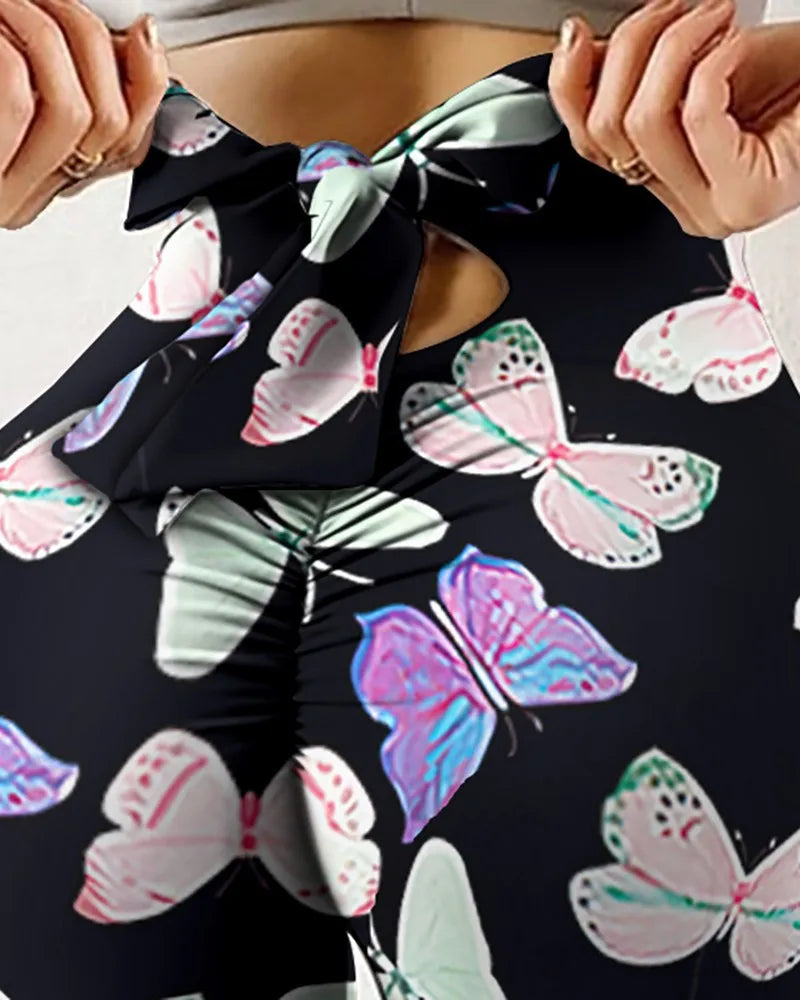 High Waist Bowknot Leggings Butterfly Print Yoga Pants Bandage Tights for Women Push Up Exercise Fitness Workout Legging