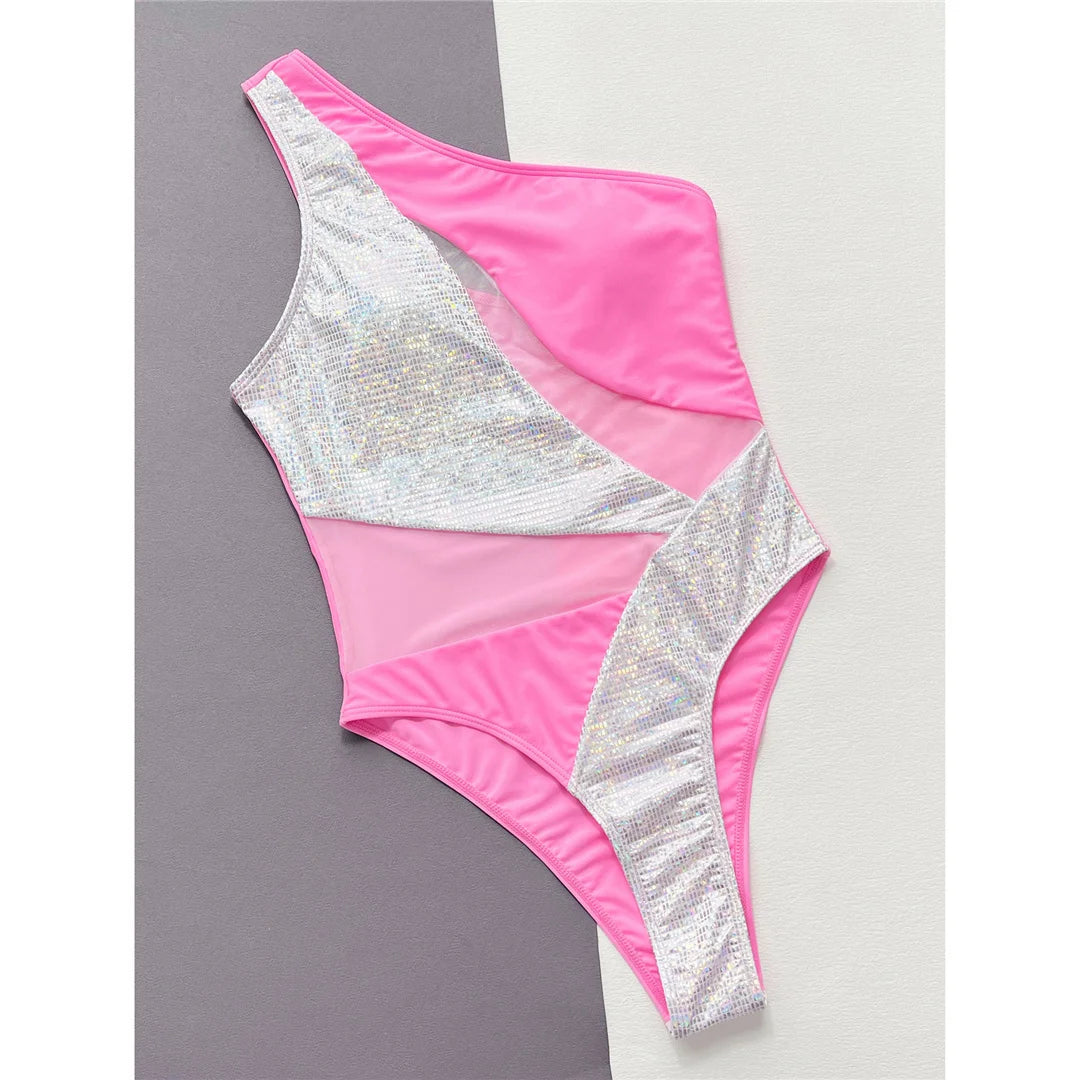Splicing One Shoulder Shiny Sequins One Piece Swimsuit Women Swimwear Female Mesh Sheer High Cut Bather Bathing Suit Swim