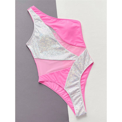 Splicing One Shoulder Shiny Sequins One Piece Swimsuit Women Swimwear Female Mesh Sheer High Cut Bather Bathing Suit Swim