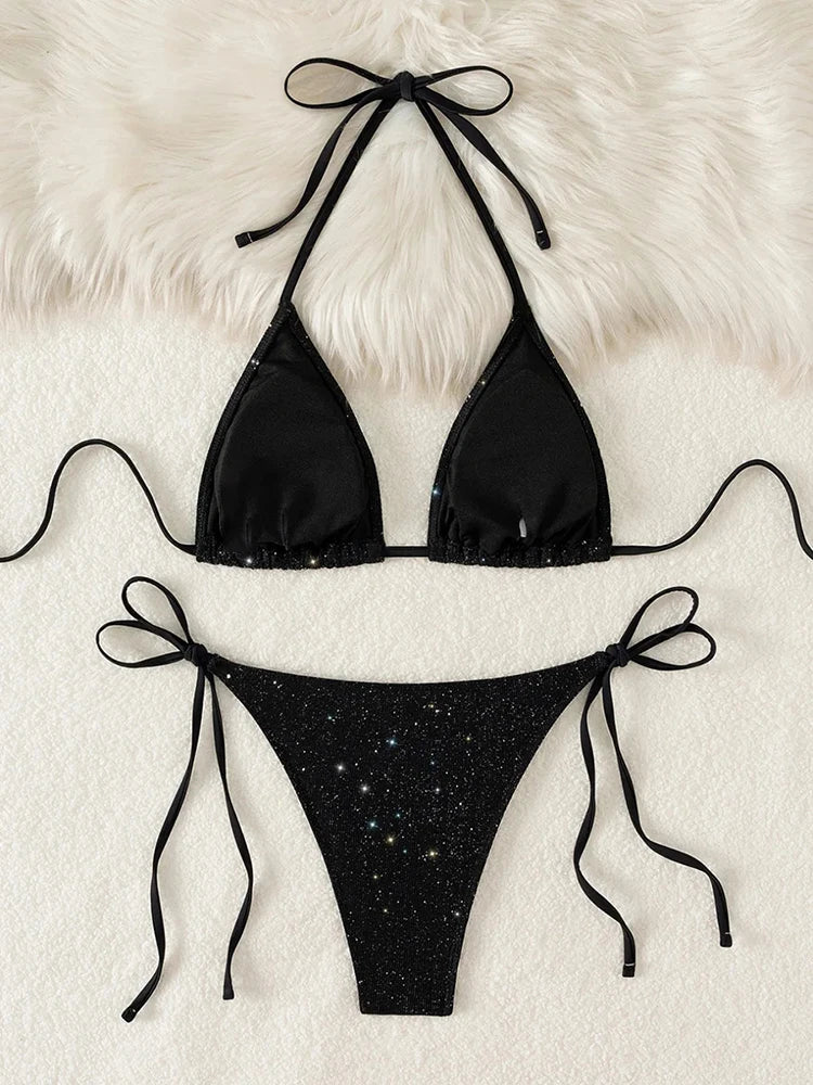 Swimwear Women Neck-mounted Bathing Suit Solid Glitter Bikini Set Lace Up Thong Summer Holiday Beachwear