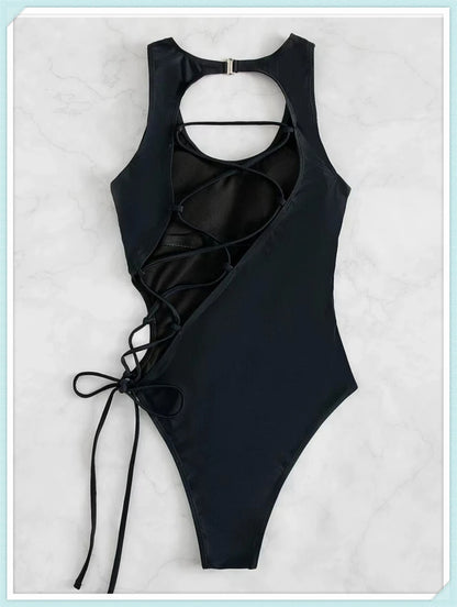 Lace Up Back Swimsuit One Piece Printed Swimwear Women Backless Bathing Swimming Suit Female Padded Beachwear Bodysuit