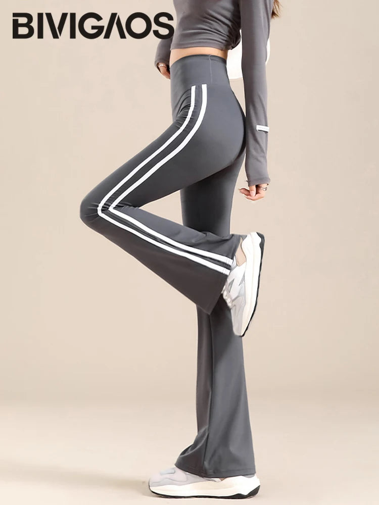 Sports White Stripe Micro Flared Leggings Women Tight Slim High Waist Horseshoe Pants Sexy Flared Trousers