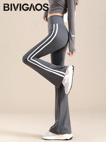 Sports White Stripe Micro Flared Leggings Women Tight Slim High Waist Horseshoe Pants Sexy Flared Trousers