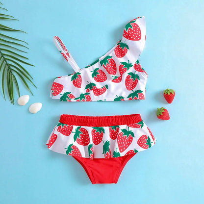Child Girl Strawberry Print Bikini Set Lovely Kid Swimsuit Stylish Flouncing Swimwear Hot Summer Beachwear