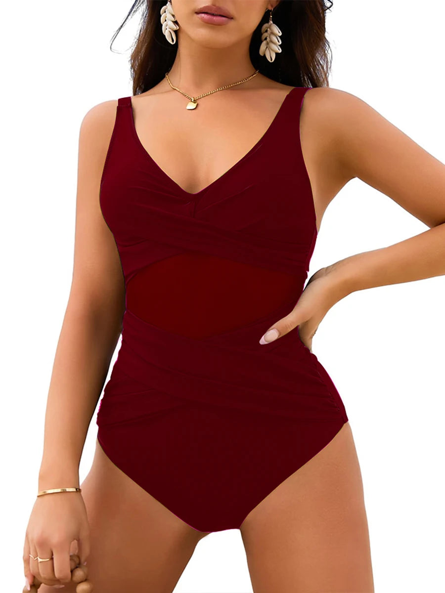 Cross Frill Swimsuit Women One Piece Solid Vintage Swimwear Female Beachwear Bathers Bathing Swimming Swim Suit