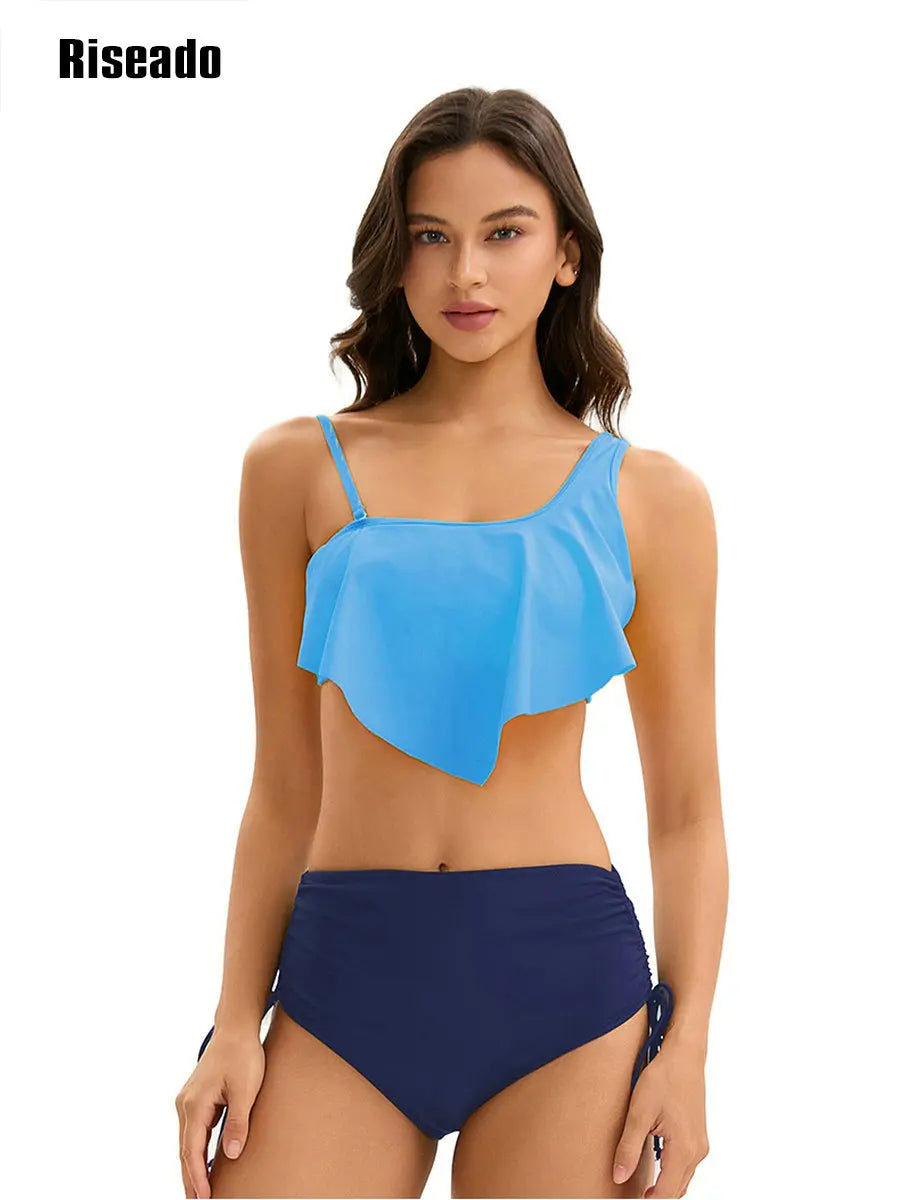 Ruffle Bikinis for Women Scoop Neck Swimsuits Lace Up One Shoulder Bikini Sets High Waist 2 Piece Bathing Suits