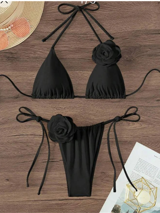 S - XL 3D Flowers Halter Strappy Bikini Women Swimwear Female Swimsuit Two-pieces Bikini set Bather Bathing Suit Swim