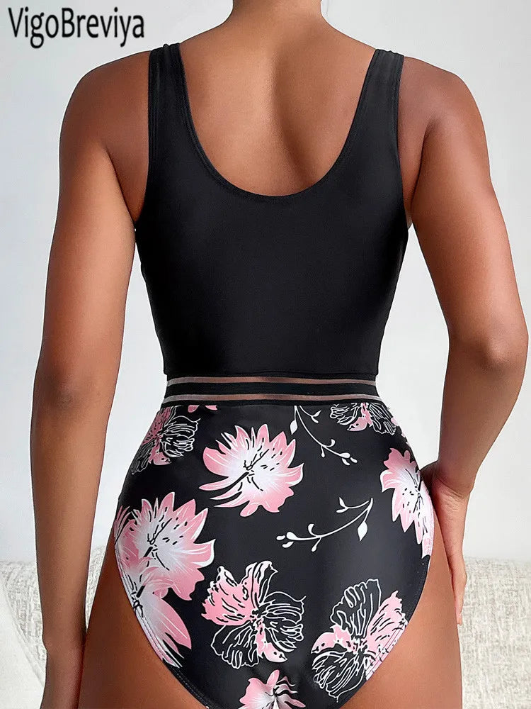 Floral Print Patchwork Swimwear Women Cross Push UP One Piece Swimsuit Monokini Backless Summer Bathing Suit