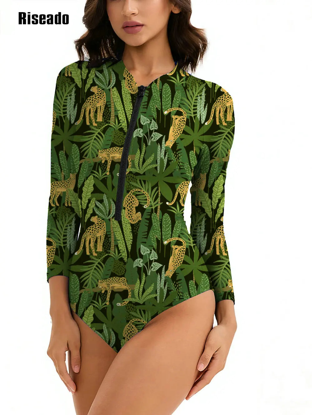 Women's One Piece Swimsuits Long Sleeve Leaf Print Surfing Swimsuit Indoor-Pool Bathing Suit