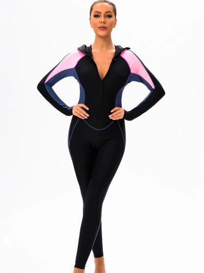 Long Sleeves Swimwear Women Surfing Swimsuit Striped Bathing Suits Zipper One-piece Swim Suits Pants Push Up Beach Wear