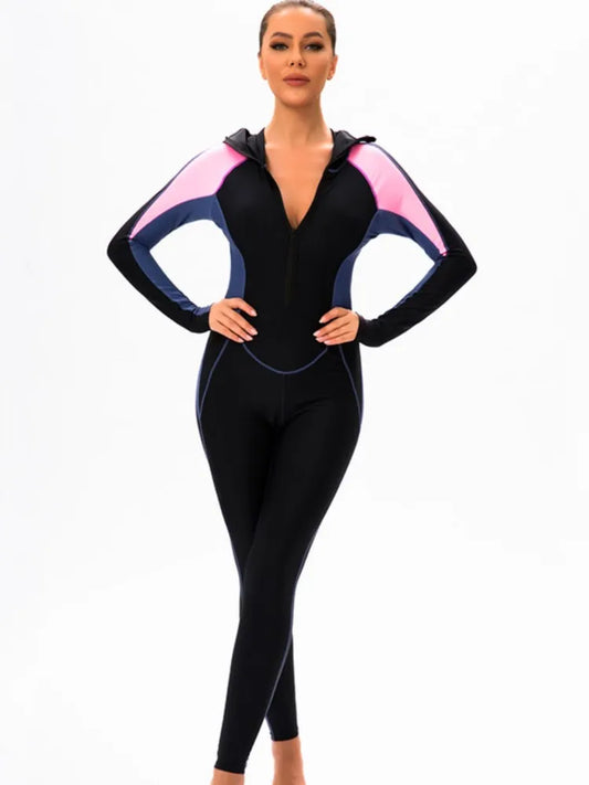 Long Sleeves Swimwear Women Surfing Swimsuit Striped Bathing Suits Zipper One-piece Swim Suits Pants Push Up Beach Wear