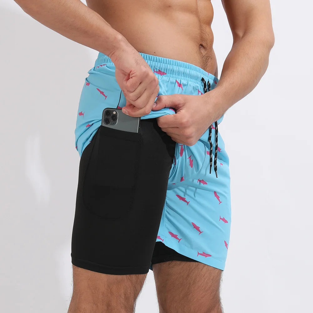 Men Swimwear Summer Gym Beach Shorts Male Quick Dry Sport Swimming Shorts Trunks Sexy Swimsuit 2 In 1 Man Board Shorts Beachwear