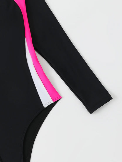 Solid Patchwork Swimwear Women Long Sleeve One Piece Swimsuit Monokini Backless Hollow Summer Bathing Suit