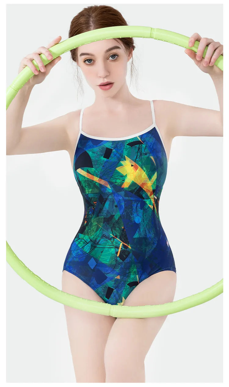 Women Vintage Racing One-piece Swimwear Sun Protection Professional Competition Flower Printed Swimsuit Training Bikini