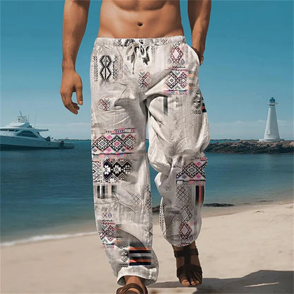 Men's Casual Patchwork Print Drawstring Straight-Leg Pants Relaxed Fit Hawaiian Vacation Trousers Comfortable And Breathable