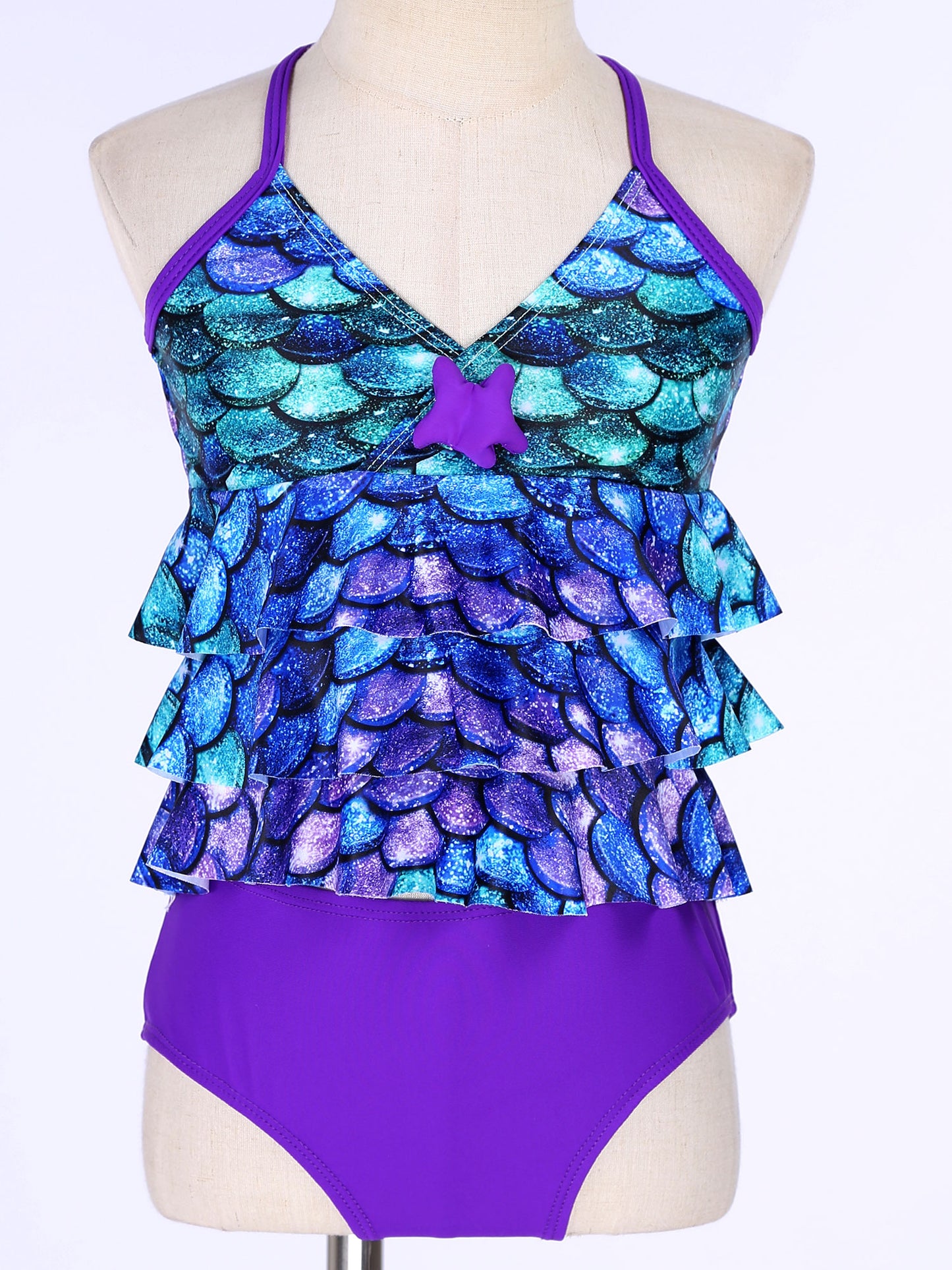 Kids Girls Fish Scales Mermaid Bathing Suit Two-piece Bikini Swimsuit Sleeveless Tops with Briefs Tankini Swimwear Beachwear