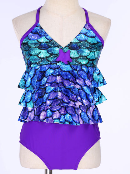 Kids Girls Fish Scales Mermaid Bathing Suit Two-piece Bikini Swimsuit Sleeveless Tops with Briefs Tankini Swimwear Beachwear