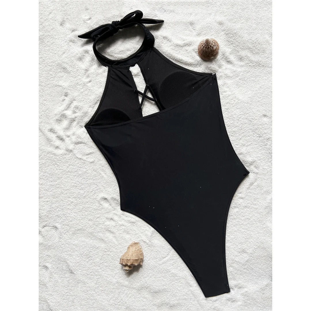 S - XL 7 Colors Lace Up High Neck Full Back Women Swimwear One Piece Swimsuit Female High Leg Cut Bather Bathing Suit Swim