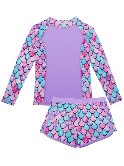 2-Piece Swimwear Kids Girl Long-Sleeved Swimsuit Scale Print Swimming Suit Beach Pool Tops & Boyleg Swim Shorts Summer Pink Sets