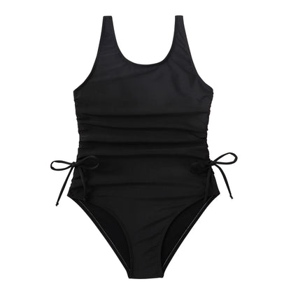 Black Girls One Piece Swimsuit 7-12 Year Kids Swim Suit Teenage Children's Swimwear Drawstring Bathing Suits Beach Bodysuit