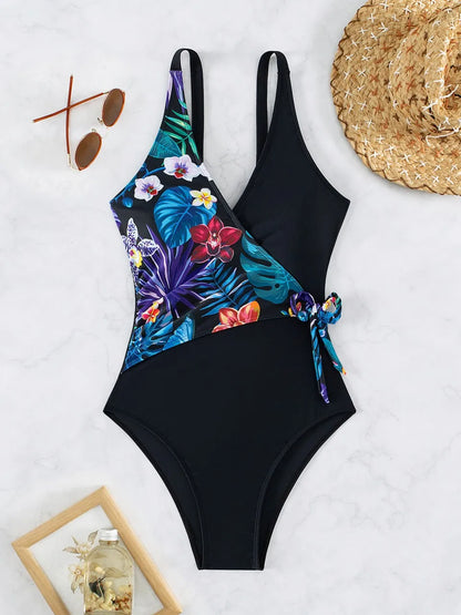 Strappy Printed Swimsuit Women One Piece String Back Swimwear Female Patchwork Bodysuit Bathing Swimming Suit Beachwear