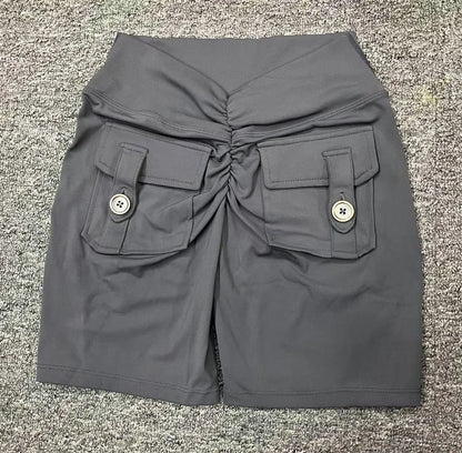 Deep V Back Yoga Shorts Women Pocket Scrunched Butt Gym Leggings High Waist Push Up Tights Booty Sports Shorts Fitness