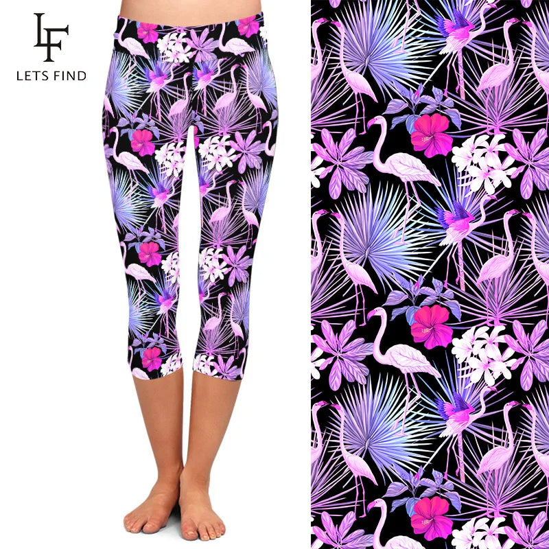 LETSFIND 3D Tropical Plants and Flowers and Flamingo Print  Capri Leggings High Waist Slim Fitness Mid-Calf Leggings