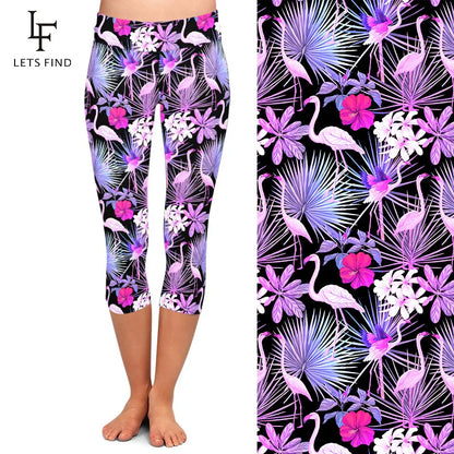 LETSFIND 3D Tropical Plants and Flowers and Flamingo Print  Capri Leggings High Waist Slim Fitness Mid-Calf Leggings