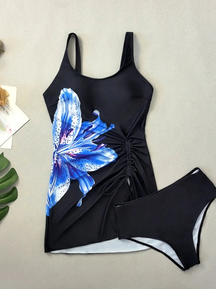 Vintage Black Flower Print Tankini Set Women Drawstring Dress High Waist Shorts 2 Piece Swimsuit Bathing Suit Swimwear XXL