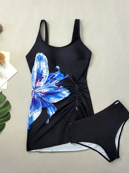 Vintage Black Flower Print Tankini Set Women Drawstring Dress High Waist Shorts 2 Piece Swimsuit Bathing Suit Swimwear XXL