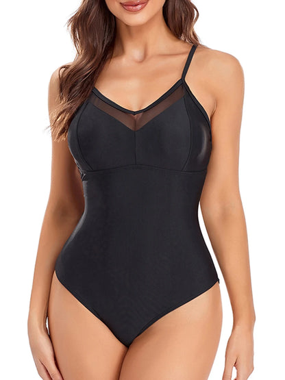 Black Mesh Solid Swimsuit Women One Piece Swimwear Female Strappy Bodysuit Bathers Bathing Swimming Swim Suit Beachwear