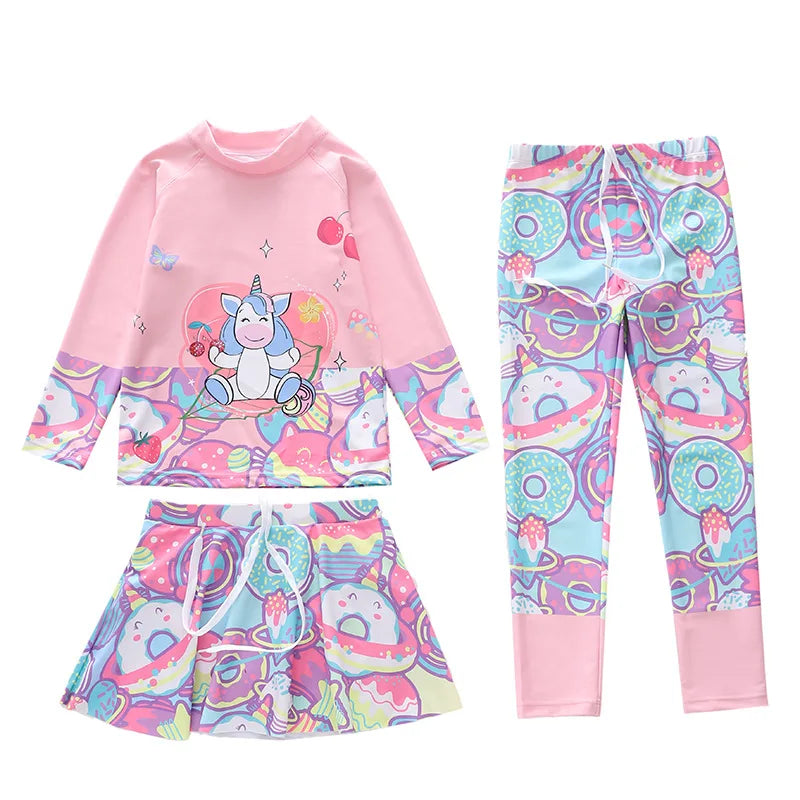 Swimsuit for Children Long Sleeve Rash Guard Swim Skirt and Surf Pant Set Sunscreen UV Protection Beach Kids Bath Clothes Girl