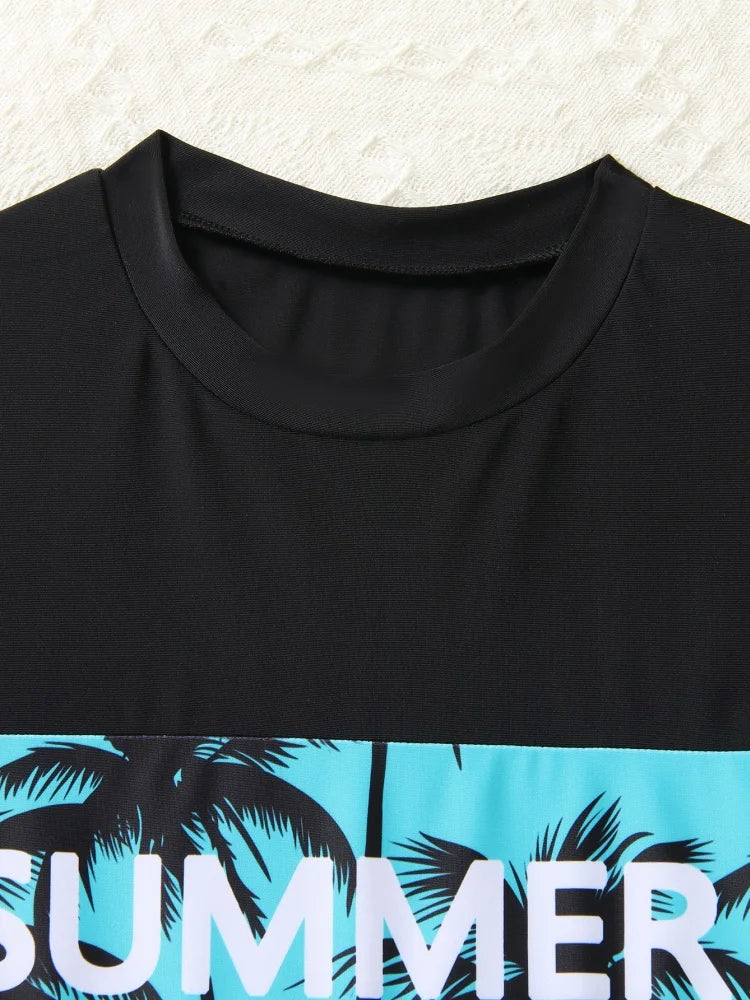 Boy Kids Swimsuit Leaves Print Short Sleeve Children Swimwear Summer Two Piece Beach Wear Shorts Bathing Suit Swimming
