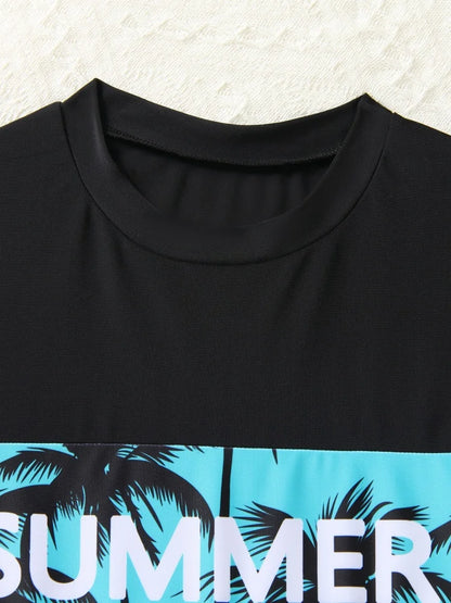 Boy Kids Swimsuit Leaves Print Short Sleeve Children Swimwear Summer Two Piece Beach Wear Shorts Bathing Suit Swimming