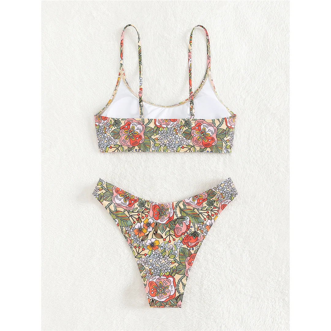 Floral Printed Brazilian Mid Waist Bikini Women Swimwear Female Swimsuit Two-pieces Bikini set Bather Bathing Suit Swim