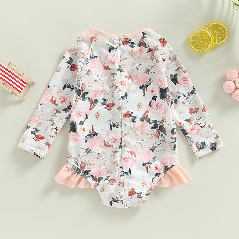 0-4Y Toddler Baby Girl Swimsuit Romper 4 Colors Flower Print Long Sleeve Ruffle Bikini Bathing Suit