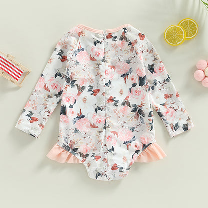 0-4Y Toddler Baby Girl Swimsuit Romper 4 Colors Flower Print Long Sleeve Ruffle Bikini Bathing Suit