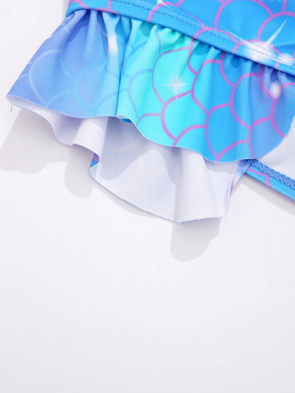 Kids Girls Mermaid Swimsuit Sleeveless Fish Scales Print Ruffle Flounce Jumpsuit Bathing Suit Pool Beach Athletic Swimwear