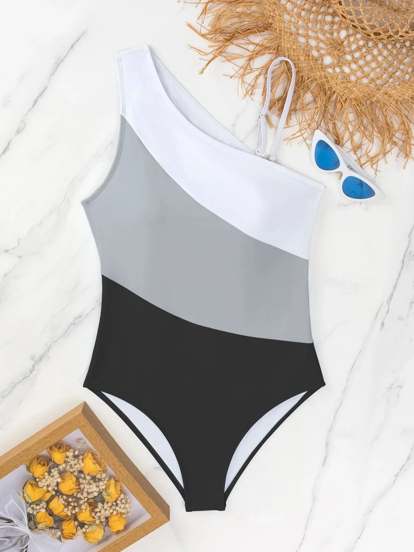 Colorblock Cut Out One Shoulder Swimsuit One Piece Swimwear Women Bather Bathing Swimming Swim Suit Female Beachwear