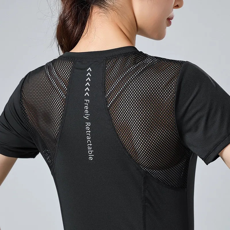 Reflective Printed Yoga Tops Women's Mesh Splicing Crew Neck High Elasticity Breathable Fitness Pilates Exercise Shirts