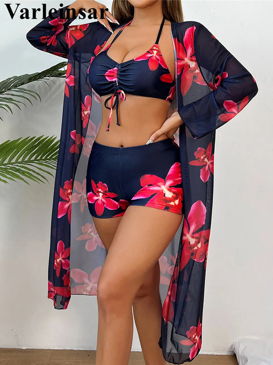 S - XL Long Sleeve Cover Up Flowers Bikini Female Swimsuit Three-pieces Bikini set Women Swimwear Bather Bathing Suit Swim