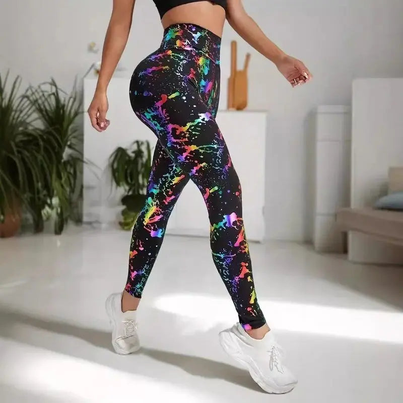 Running Yoga Fitness Sports Pants Tummy Control Butt Lifting Print Sensation Tight Base Layer Pants Nine Point Length